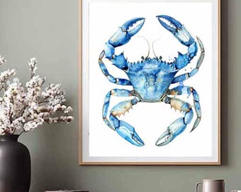 Blue Crab Art - Watercolor Seafood Print Coastal Decor (paper or canvas)