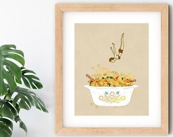 Pasta Art Print | Funny Pasta Dish Wall Art | Casserole Dish Kitchen Art | Pasta Wall Art For Kitchen | Italian Cuisine | Macaroni Wall Art