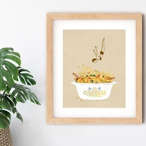 Funny Pasta Casserole Art Print: Italian Kitchen Wall Decor
