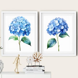 Blauwe hortensia aquarelprint set van 2: moderne bloemen muurkunst