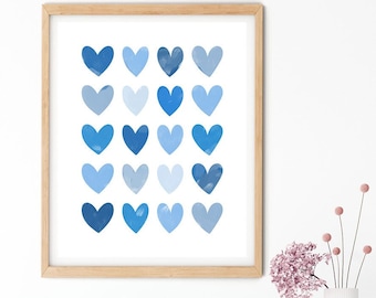 Abstract Blue Hearts Trendy Poster Printable Wall Art Preppy Blue Aesthetic Digital Download Y2K Wall Art Blue Hearts Poster College Decor