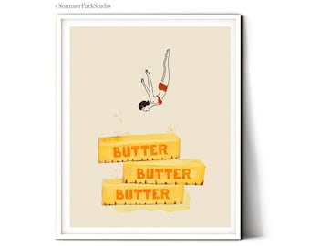 Butter Art Print Food Illustration Funny Food Kitchen Print Retro Kitchen Art Stick Butter Wall Art Butter Print Retro Food Vintage