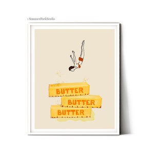 Butter Art Kitchen Print: Retro Food Illustration Funny Butter Diver Prints