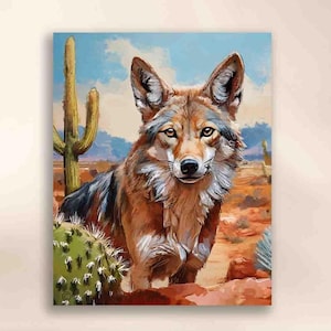 Coyote Art Print: Southwest Landscape Cactus Wall Art Desert Room Decor