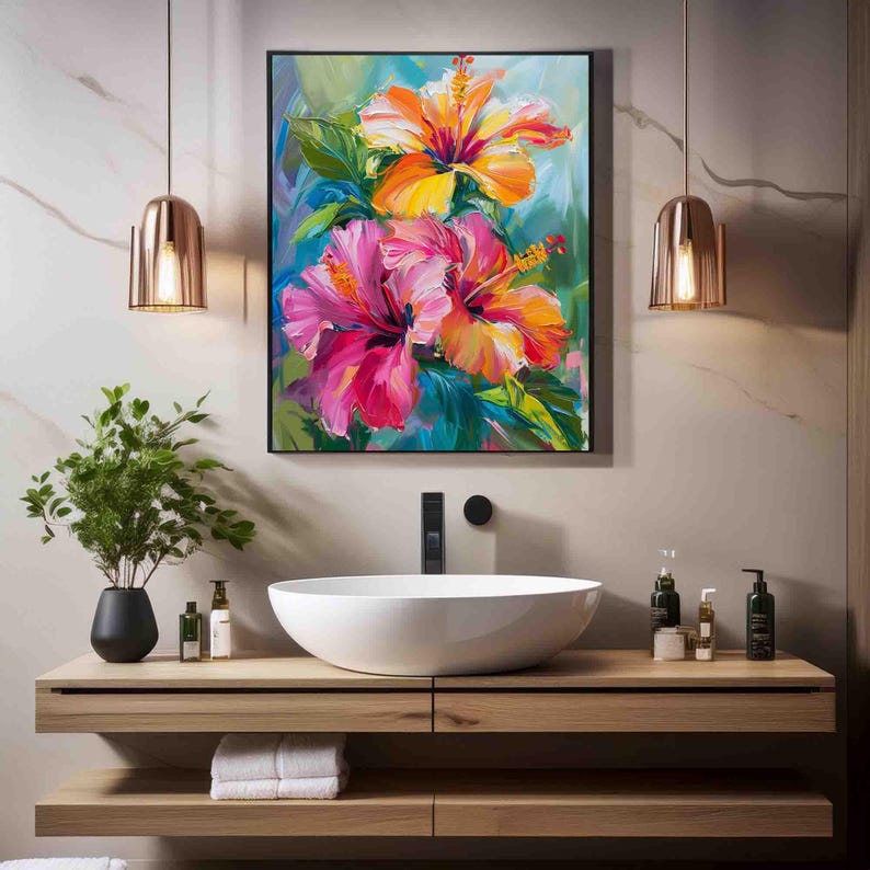 May include: A framed floral painting featuring vibrant hibiscus flowers in shades of pink, orange, and yellow. The artwork is set against a backdrop of green and blue hues, creating a colorful and eye-catching piece of wall decor.