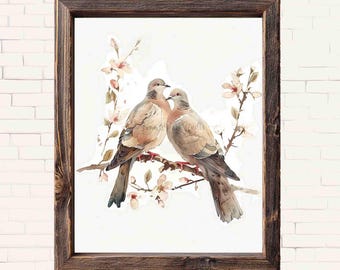 Mourning Doves Watercolor Print - Doves Art Neutral Nature Wall Decor (paper or canvas)