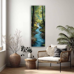 May include: Vertical canvas art print depicting a serene forest scene. A blue stream flows through a lush green forest with tall trees. The artwork features a vibrant color palette and detailed brushstrokes, creating a sense of depth and tranquility.