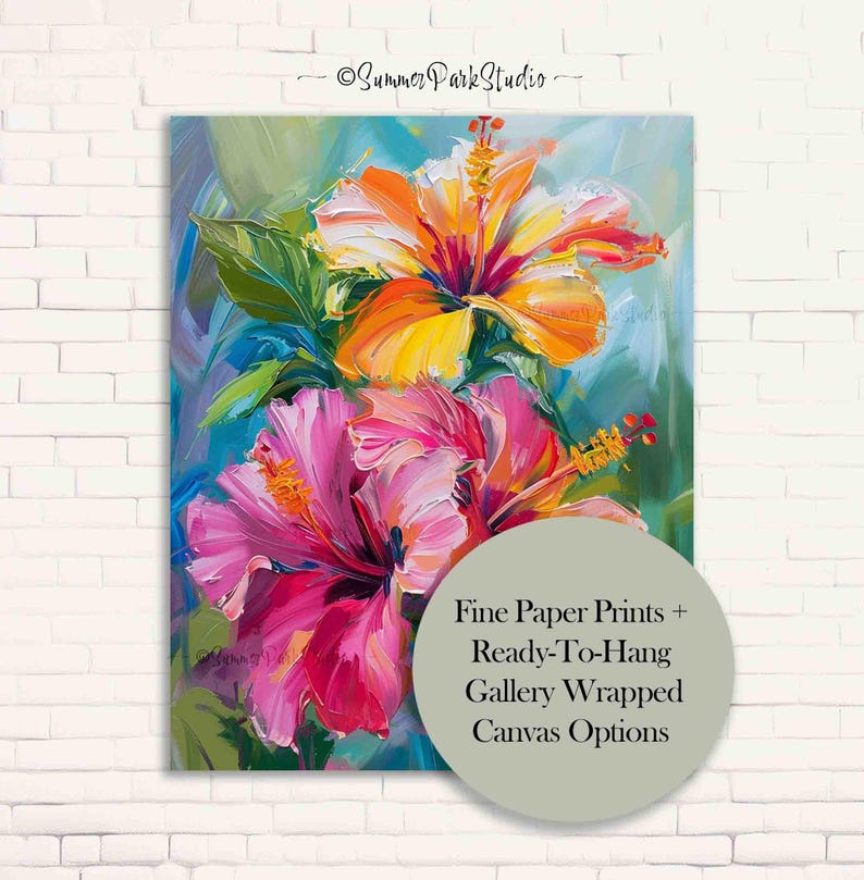 May include: An oil painting of vibrant hibiscus flowers in shades of orange, yellow, and pink, with green leaves against a blue background. The artwork is displayed on a white brick wall. Text on the image reads "Fine Paper Prints + Ready-To-Hang Gallery Wrapped Canvas Options."