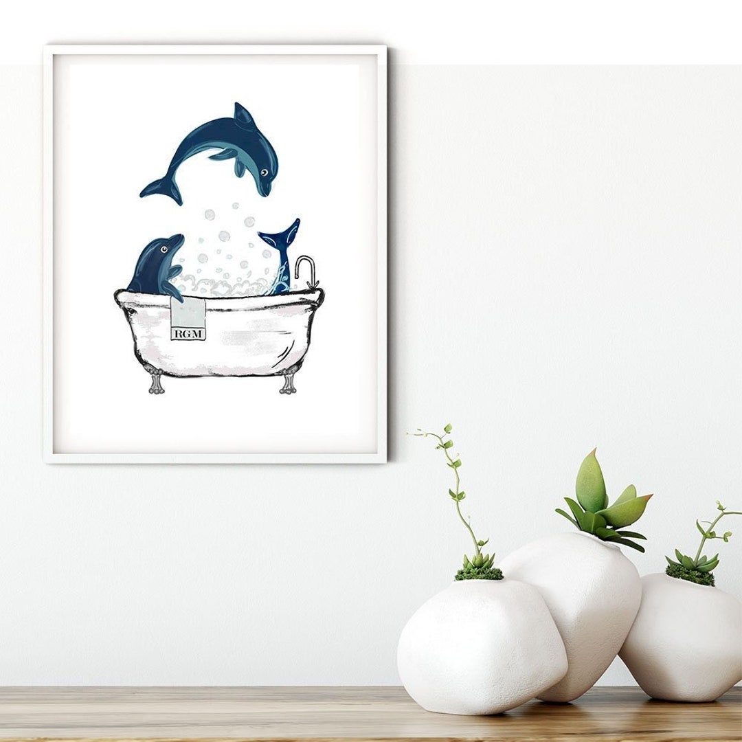 Ocean Themed Bathroom Wall Art Dolphins Swimming in Bathtub - Etsy