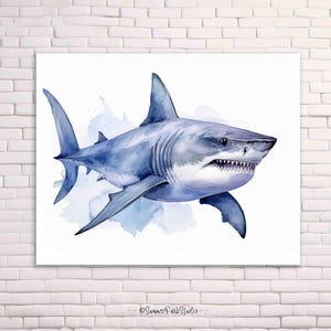 Shark Art Great White Shark Wall Art Ocean Art Print Blue Watercolor Shark Art Ocean Blue Decor, Paper and Ready To Hang Canvas Options