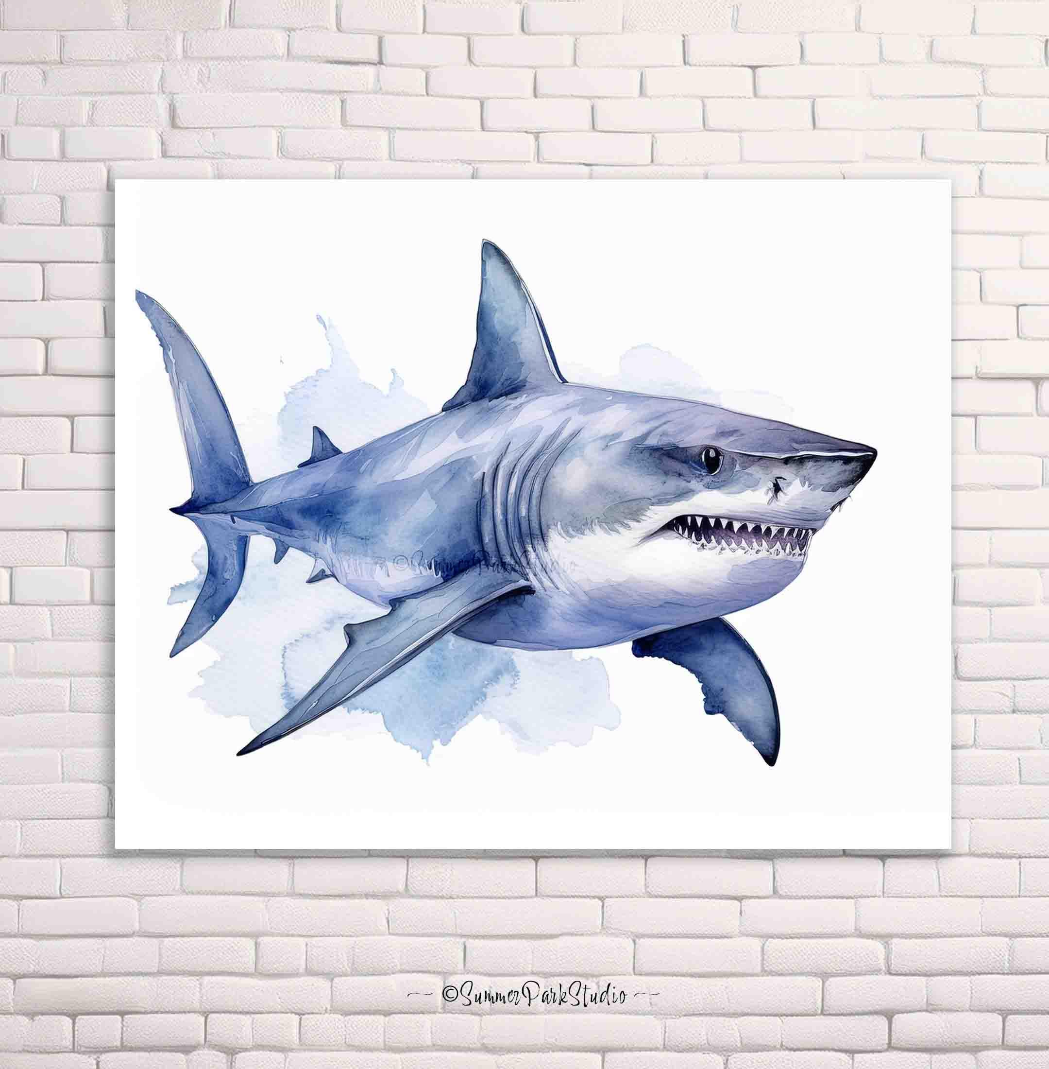 Shark Art Great White Shark Wall Art Ocean Art Print Blue Watercolor Shark Art Ocean Blue Decor, Paper and Ready To Hang Canvas Options