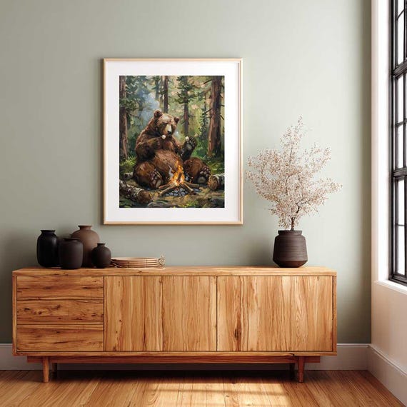Bear in Forest Wall Art - Funny Campfire Print (paper or Canvas