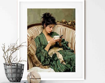 Woman Reading Print Drinking Coffee Art: Boho Green Beige Abstract Eclectic Art