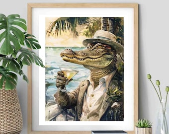 Alligator Martini Art Print: Retro Bar Cart Decor