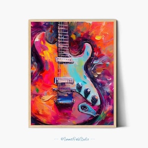 Grafika z gitarą elektryczną: abstrakcyjna dekoracja pokoju muzycznego w kolorze różowym