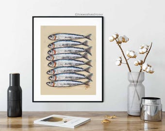 Stampa artistica di sardine: natura morta di cucina francese, stampa di pesci retrò
