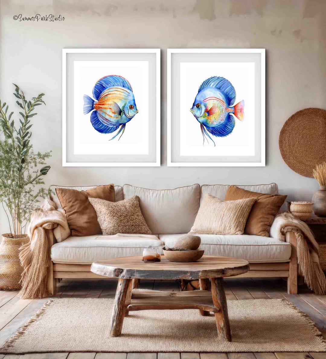 Abstract Fish Red Blue Abstract Blue Fish Watercolor Art - Set of 2 Modern Coastal Prints ...