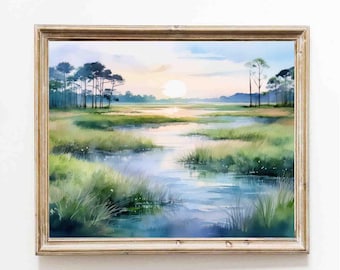 Salt Marsh Print: Coastal Landscape Watercolor Marsh Art Lowcountry