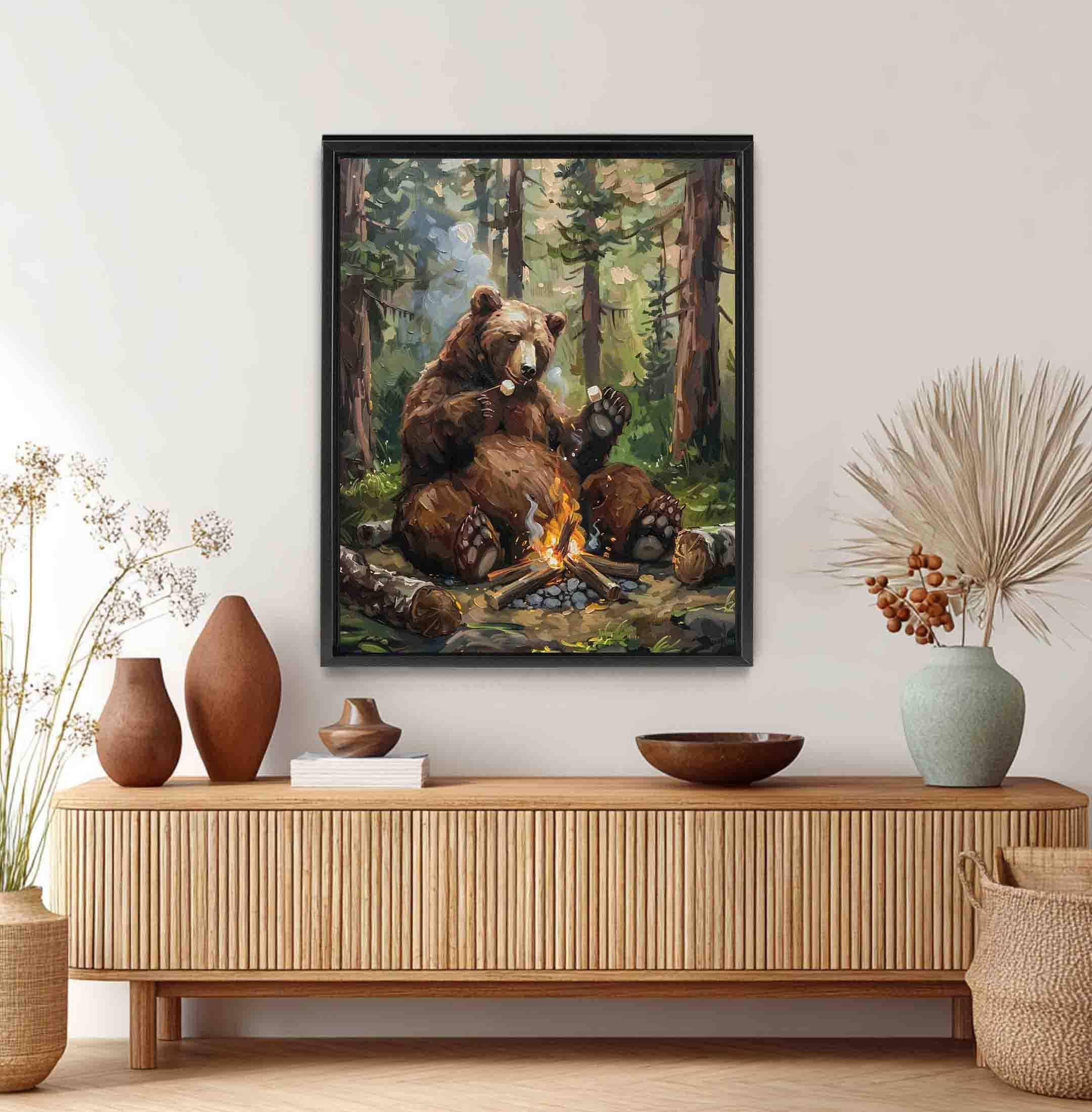 Bear in Forest Wall Art - Funny Campfire Print (paper or Canvas