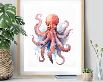 Impresión artística de acuarela de pulpo: decoración de pared de animales marinos costeros