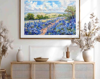 Bluebonnet Wall Art - Texas Wall Décor Blue Flower Field Print (paper or canvas)