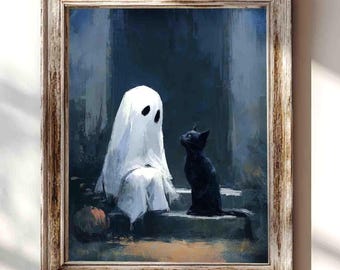 Ghost and Black Cat Art Spooky Halloween Print: Dark Academia Fall Decor Moody Print