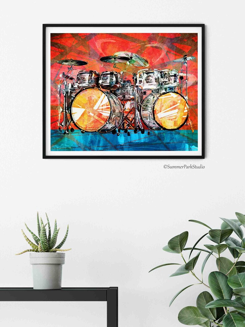 Drummer Wall Art, Drum Set Red Blue, Drums Wall Art Paper Prints or