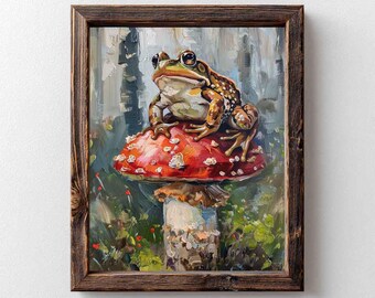 Frog on Mushroom Art Print – Enchanted Forest Fairy Tale Décor