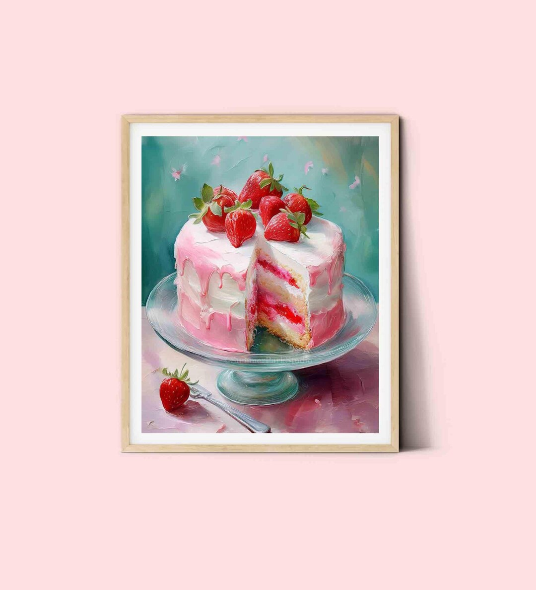 Strawberry Cake Art: Retro Pink Kitchen Decor (paper/canvas Print) - Etsy