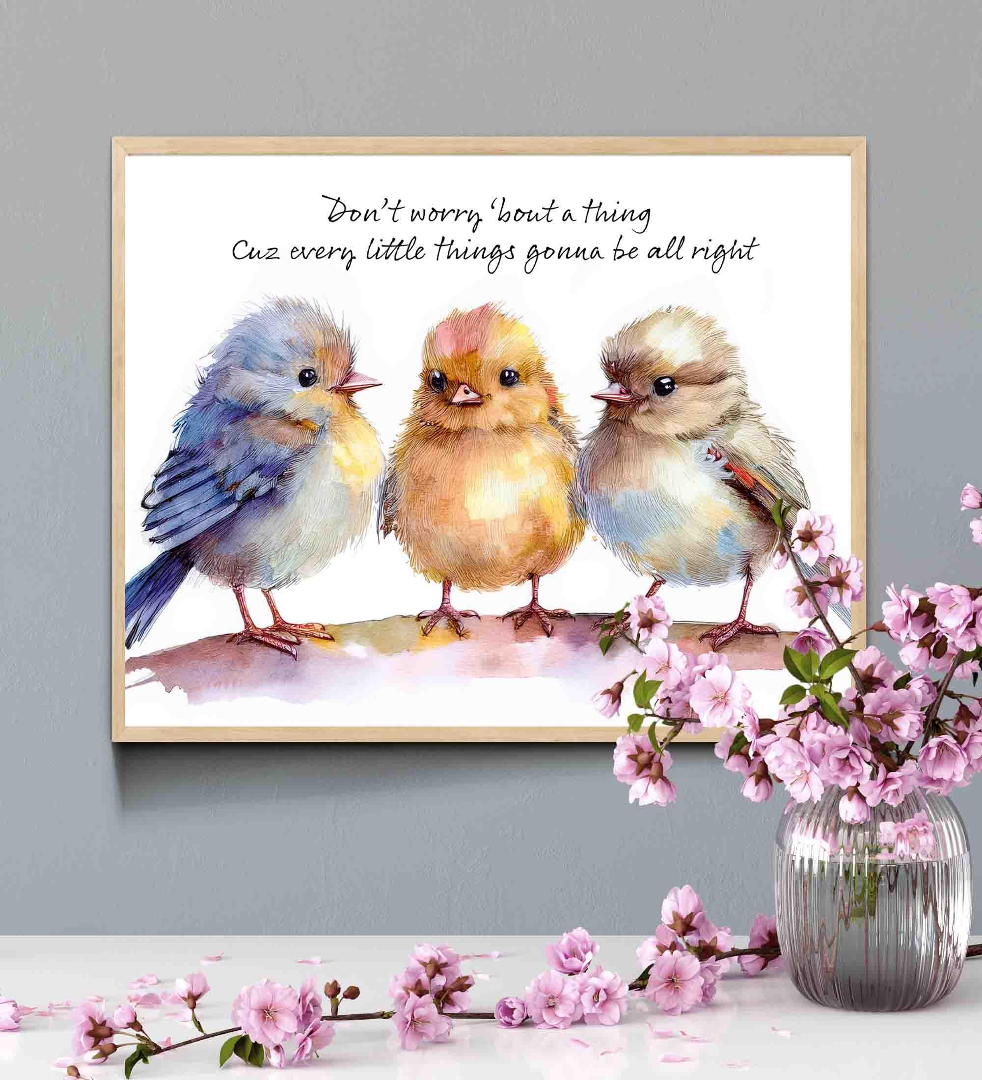 Three Birds Watercolor Print: Custom Lyrics, Colorful Birdies Wall