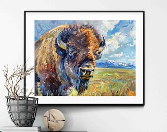 Impressão artística de bisão: retrato de búfalo americano, decoração de parede rústica de fazenda