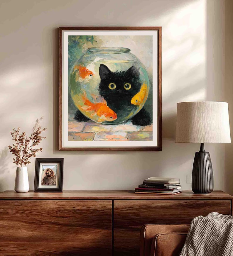 Black Cat With Fish Bowl Art - Funny Animal Print (paper or Canvas) - Etsy