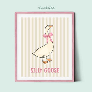 Silly Goose Printable Art: Pink Bow, Beige Stripes (Digital Download)
