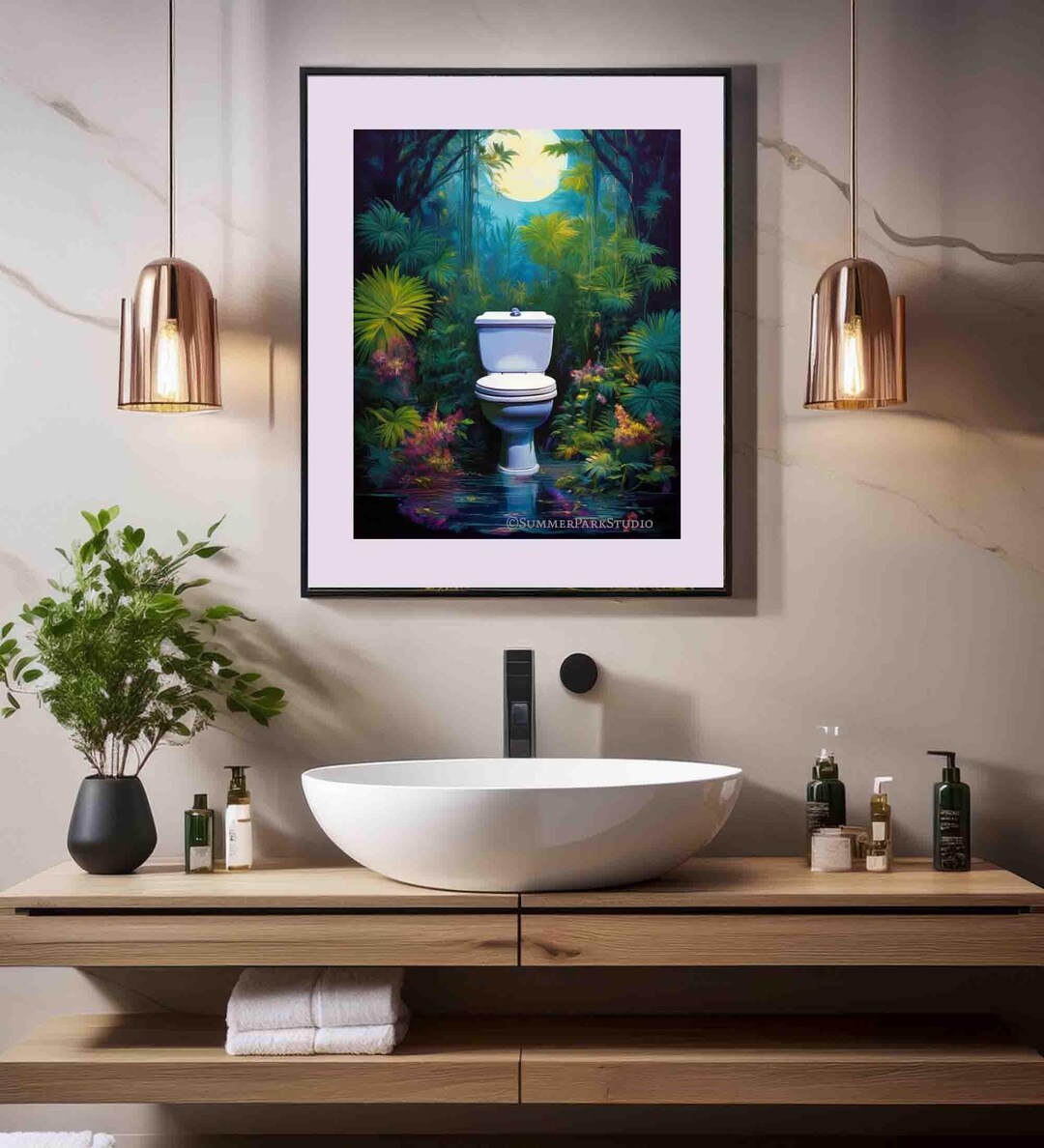 Toilet Bowl Wall Art, Moonlight Over the Toilet Surrounded by Jungle ...