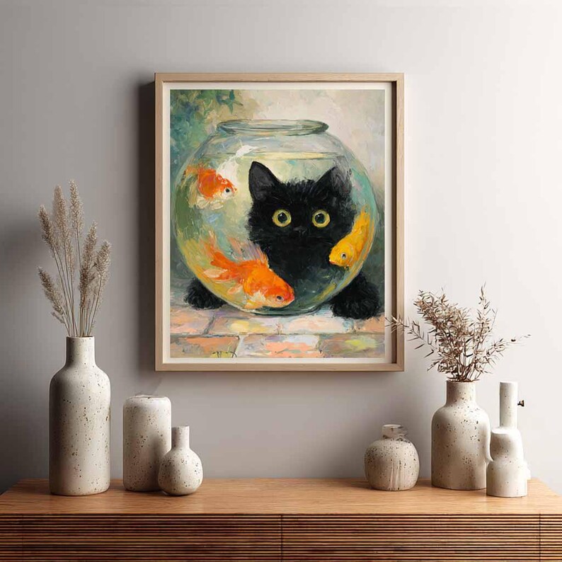 Black Cat With Fish Bowl Art - Funny Animal Print (paper or Canvas) - Etsy