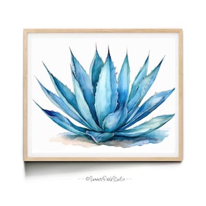 Blue Agave Cactus Wall Art Desert Landscape Watercolor Agave Blue Cactus Desert Wall Decor, Paper Prints and Ready To Hang Canvas Options
