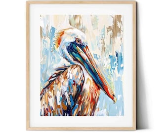 Impressão artística de pelicano: decoração de parede de casa de praia costeira, papel giclée ou impressão em tela