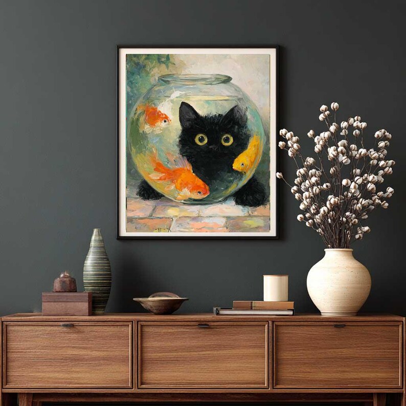 Black Cat With Fish Bowl Art - Funny Animal Print (paper or Canvas) - Etsy
