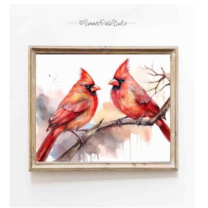 Impression d'art aquarelle oiseaux couple cardinal deux cardinaux sur une branche art mural chambre d'enfant oiseau cardinal parents impression d'art aquarelle cardinaux rouges