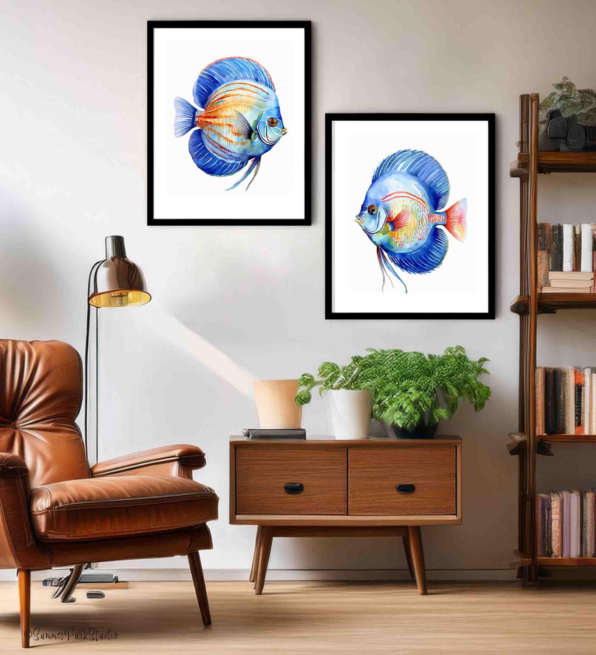 Abstract Fish Red Blue Abstract Blue Fish Watercolor Art - Set of 2 Modern Coastal Prints ...