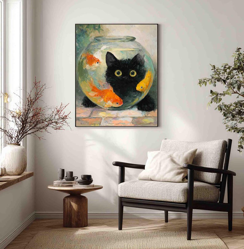 Black Cat With Fish Bowl Art - Funny Animal Print (paper or Canvas) - Etsy