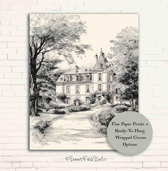 france vintage 邸宅のデッサン French Chateau Sketch Art Print: Paris Garden Estate Drawing - Etsy