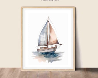 Vintage Sailboat Watercolor Print: Nautical Lake House Art Neutral Hues