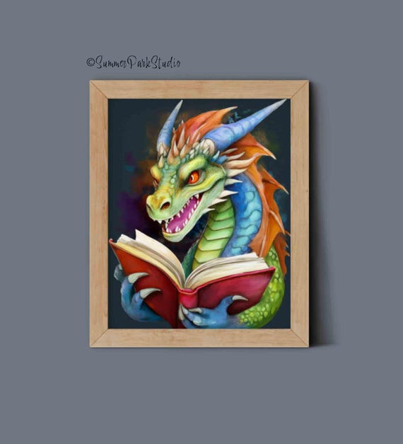 Magical dragon reading a book symbolizing the literary adventure of Wings of Fire series