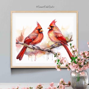 Cardinal rouge couple oiseaux aquarelle impression d'art deux cardinaux sur une branche art mural pépinière oiseau cardinal parents impression d'art aquarelle cardinaux