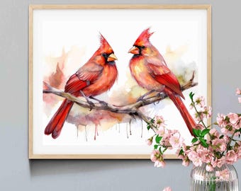 Red Cardinal Couple Birds Watercolor Art Print - Bird Parents Wall Decor
