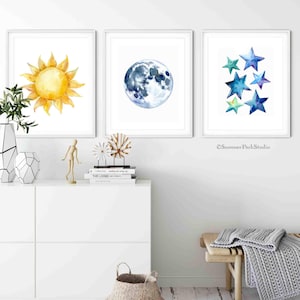 Sun Moon and Stars Set of 3 Art Prints Watercolor Nursery Decor Sun Moon and Stars Wall Art Set of 3 Space Nursery Prints Neutral Nursery