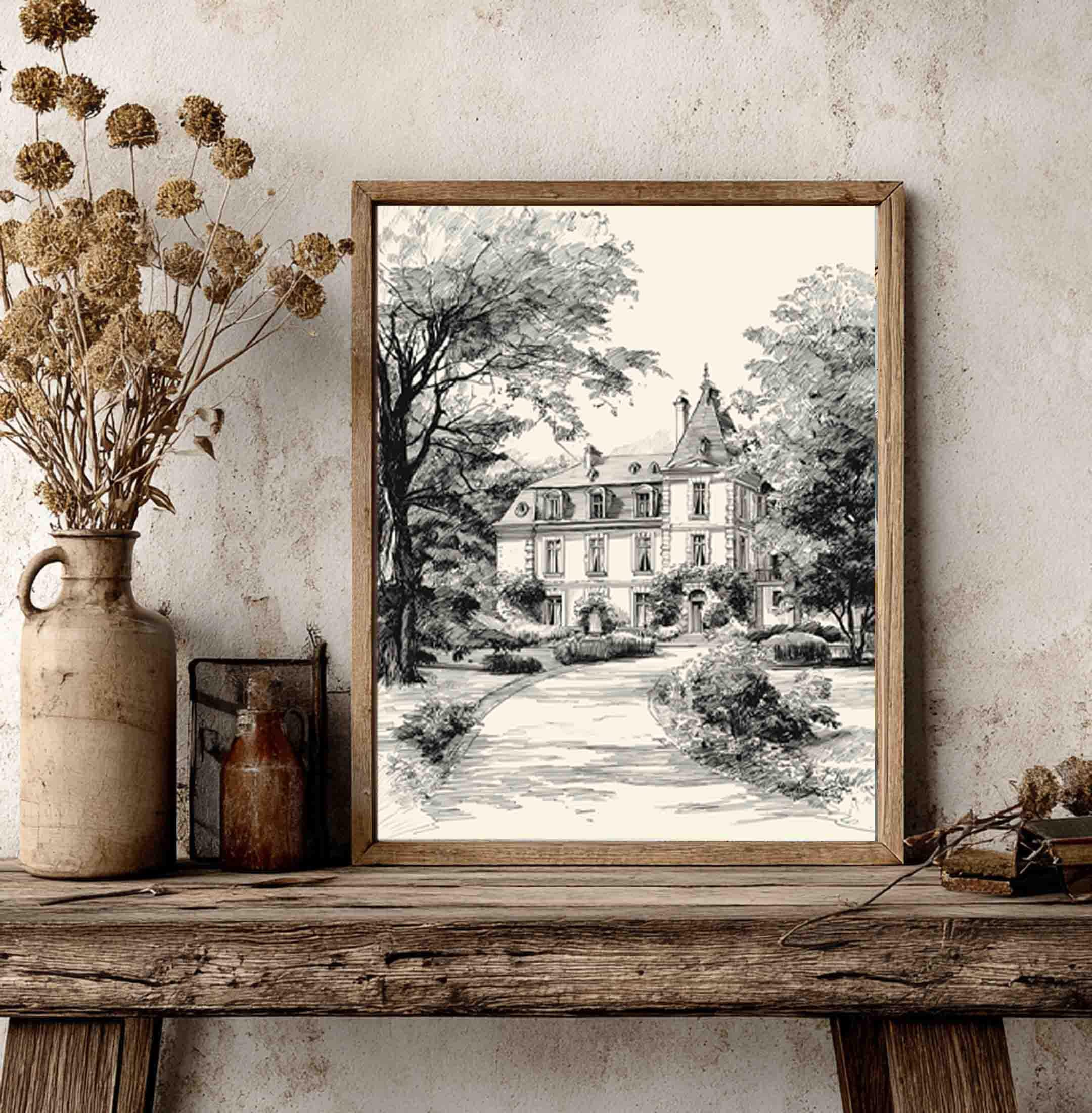 French Chateau Sketch Art Print: Paris Garden Estate Drawing - Etsy
