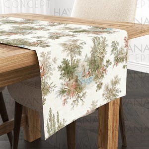 Olive Green Toile de Jouy Table Runner - French Vintage Country Style Table Centerpiece, French Cottage Decorative Dining Table Runner
