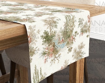 Olive Green Toile de Jouy Table Runner: French Country Centerpiece